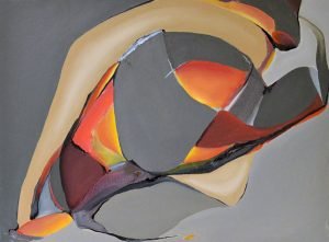 An oil painting of gray blocks threaded between fiery orange/red/yellow blocks