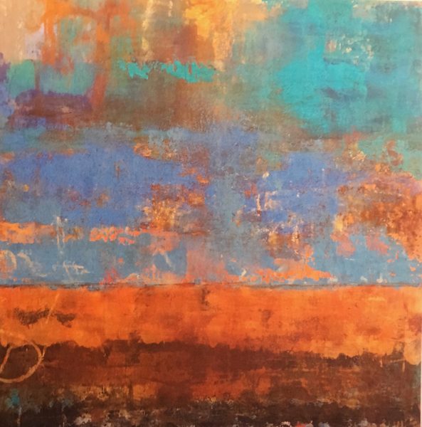 An abstract cold wax painting in blues and orange