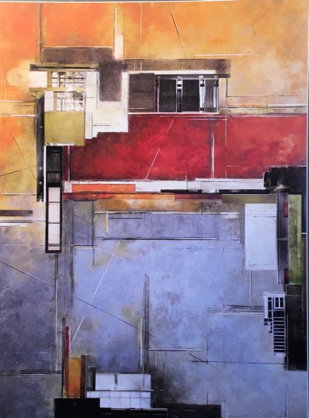 An architectural painting featuring oil and cold wax