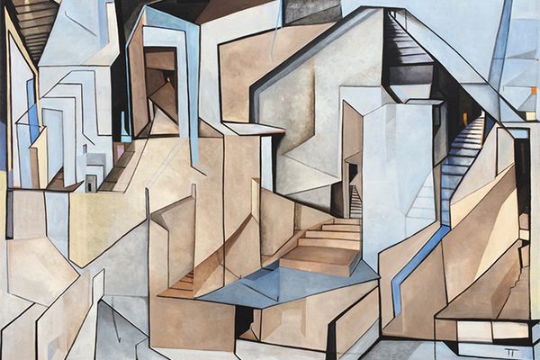 An abstract painting with block shapes and stairs leading to nowhere