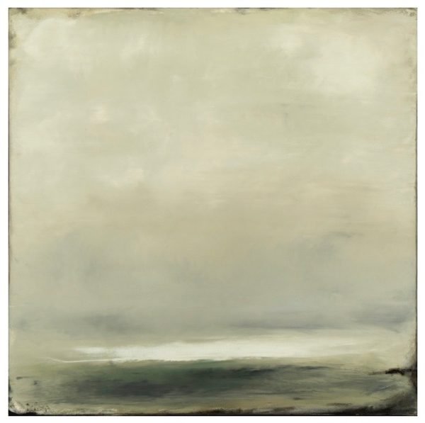 An abstract painting of a foggy ocean view