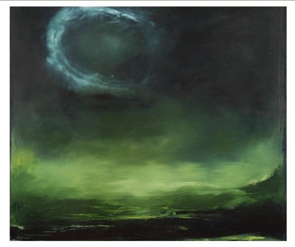 An abstract painting of the moon over the ocean on a dark night