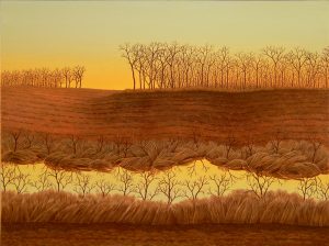 A painting of a field at sunset, with trees in the background and a river running through