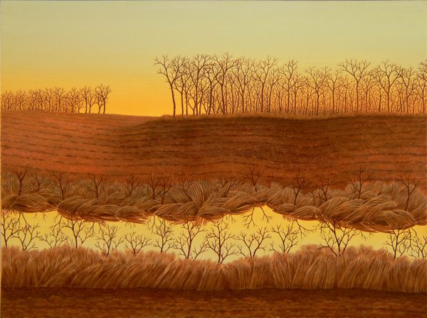 A painting of a field at sunset, with trees in the background and a river running through 