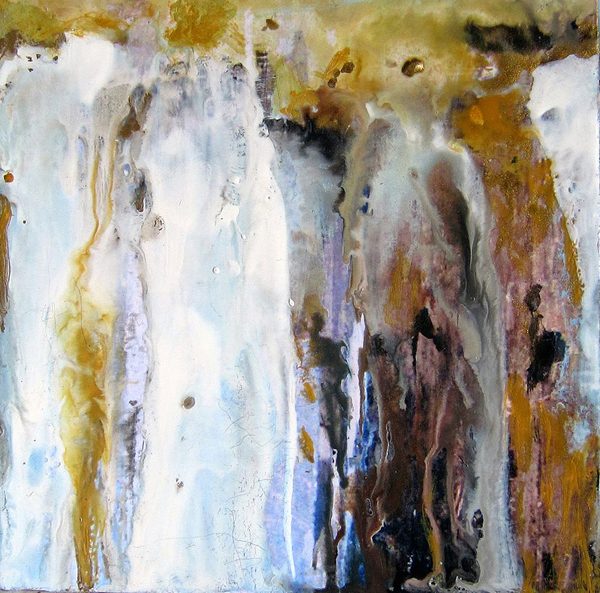 An abstract cold wax painting featuring of earth tones, grey, and white