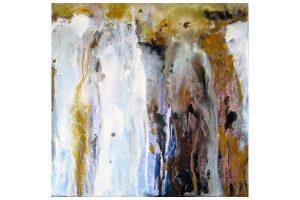 An abstract cold wax painting featuring of earth tones, grey, and white