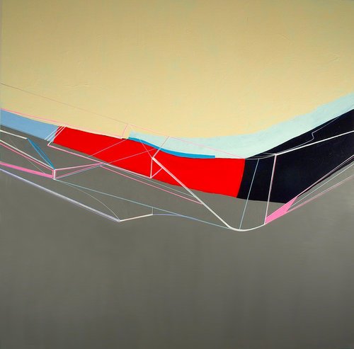 An abstract, geometrical colorful painting with a bright red line in the middle