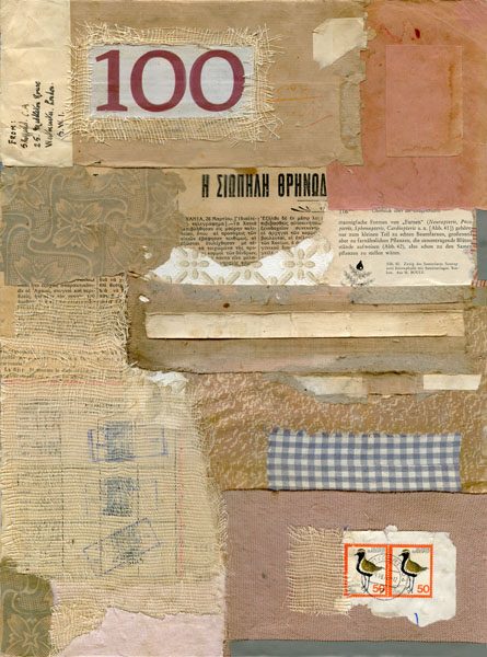 A collage of stamps, fabric, newspaper clippings, and more