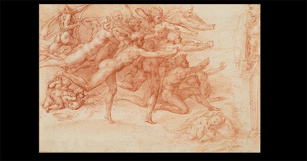 A drawing of a group of naked archers by Michelangelo