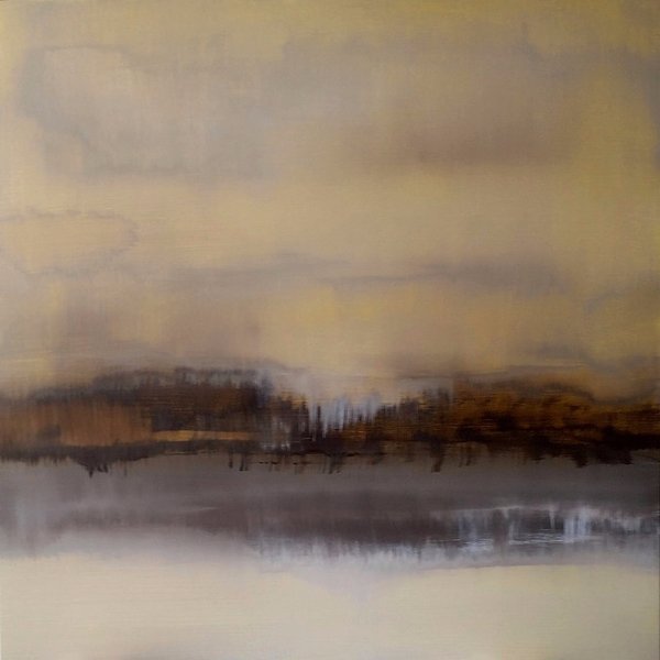 An abstract painting of vertical, earth-toned shades