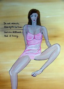 A painting of a woman in a negligee with an inscription on the side