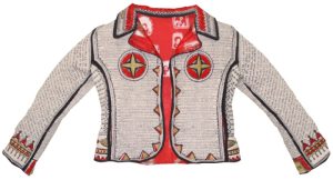 A textile model of a cream-colored leather jacket with a red lining