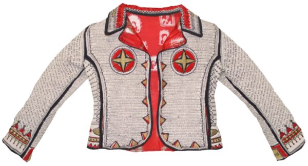 A textile model of a cream-colored leather jacket with a red lining