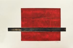 A print of a red rectangle with a black line through the bottom half