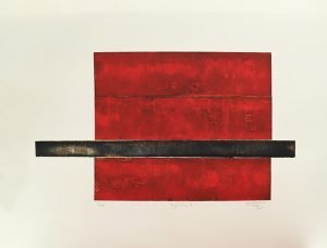 A print of a red rectangle with a black line through the bottom half