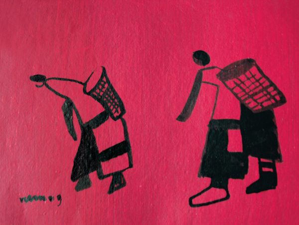 An ink drawing of two cotton pickers on red paper