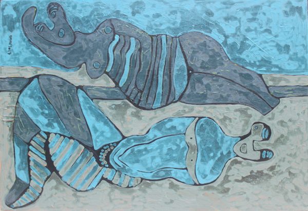 An abstract painting of two women in blue laying down