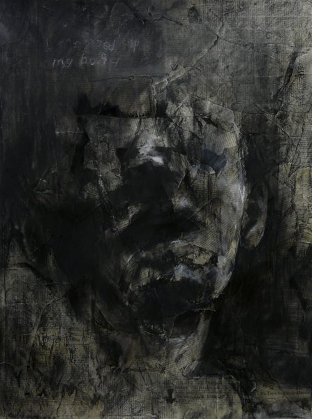 A dark, abstracted portrait of a man's face