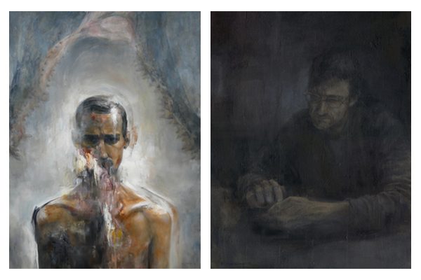 An abstract portrait of a shirtless man from the torso up, and a dimly lit portrait of a man at a table