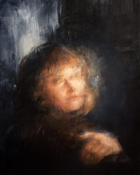 A painting of a young girl in the dark, with only her face lit