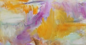 An abstract painting with purple and gold sections