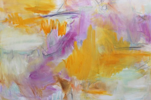 An abstract painting with purple and gold sections