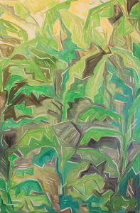An abstract painting of a close-up of jungle vines