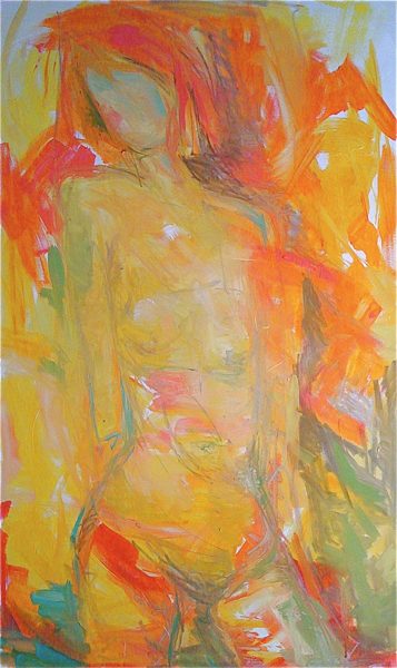 An abstract painting of a figure of a woman in reds, oranges, and yellows