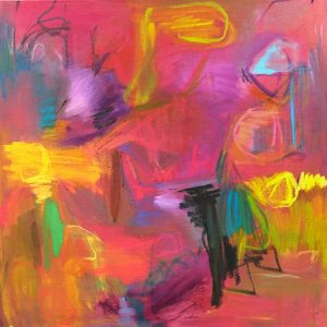 An abstract painting featuring hot pink, bright yellow, and green