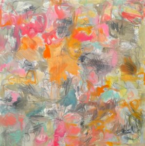 An abstract painting featuring pink butterflies on a blue-grey background
