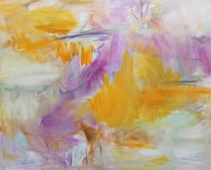 An abstract painting with purple and gold sections