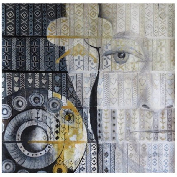 an abstract composition of a button accessory and partial portrait superimposed onto a fabric-like pattern