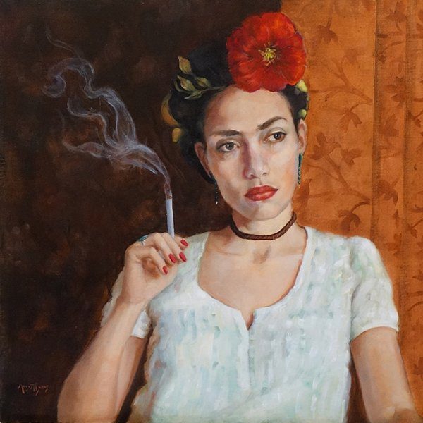 A painting of Frida Kahlo smoking a cigarette