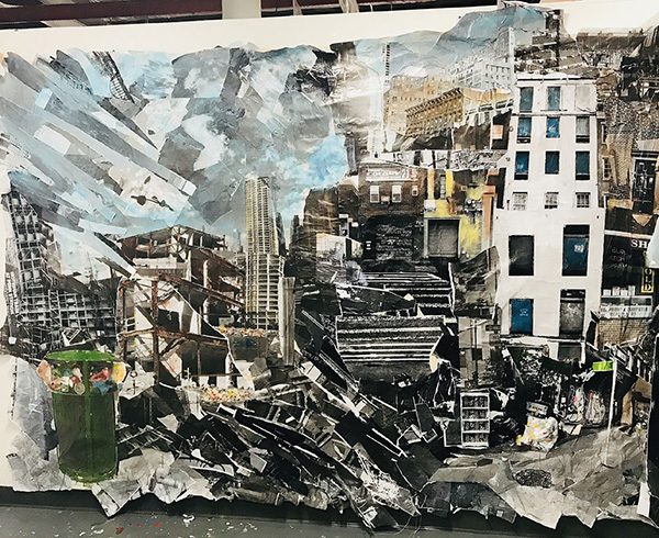 An abstract painting of a derelict Hudson Yards with the NYC skyline in the background