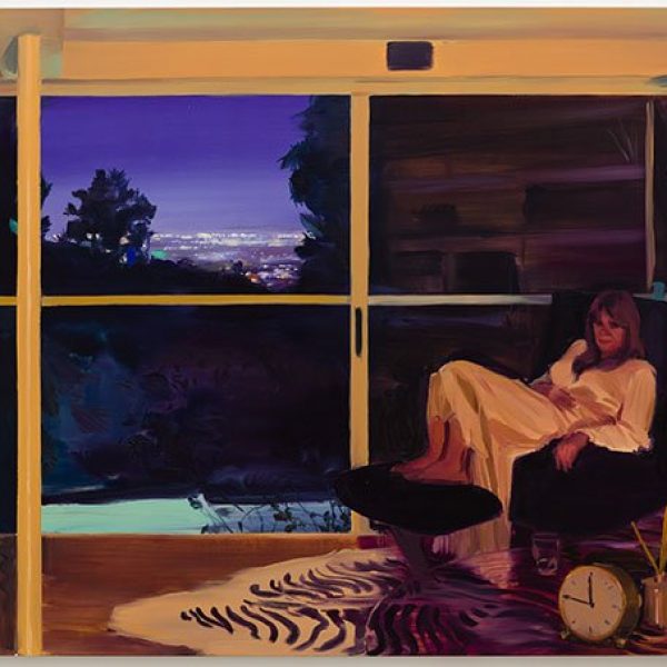 A painting of a woman sitting in a room overlooking the lights of Los Angeles