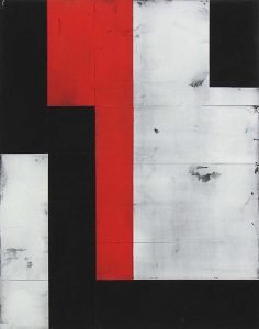 An abstract painting of red, black, and grey blocks