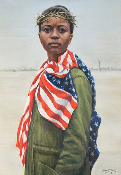 A painting of an American soldier wearing an american flag and a crown of thorns