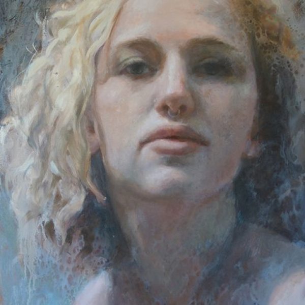 A close-up painting of a woman, with curly blonde hair and a nose ring hoop