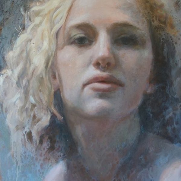 A close-up painting of a woman, with curly blonde hair and a nose ring hoop