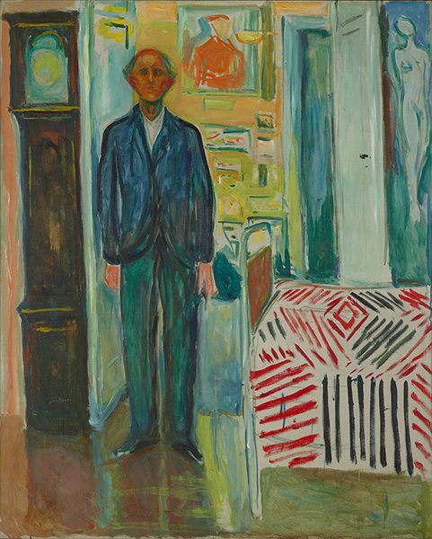 An abstract portrait painting of a man standing between a clock and a bed