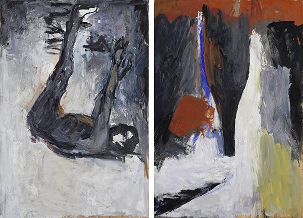 An abstract painting of a man falling, and an upside down bottle