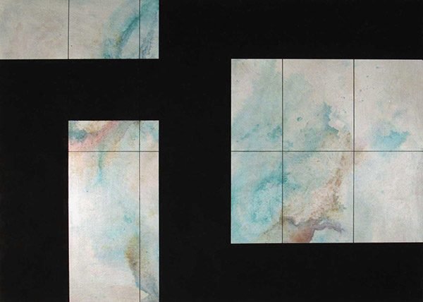 An abstract print painting of marbled blue tile with black blocks over it