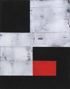 An abstract painting of red and grey tile with black blocks over it