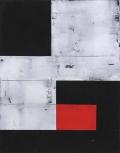 An abstract painting of red and grey tile with black blocks over it 