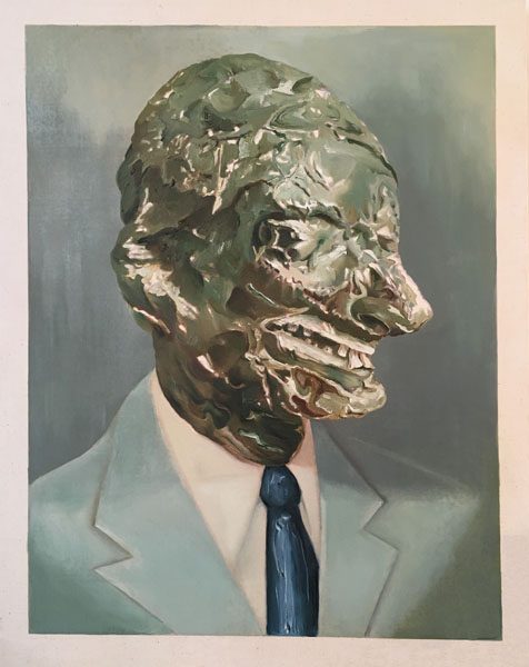 A portrait of a man in a suit, with a grotesquely distorted face