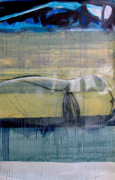 a painting of a whale's tale on top of an abstract backgound