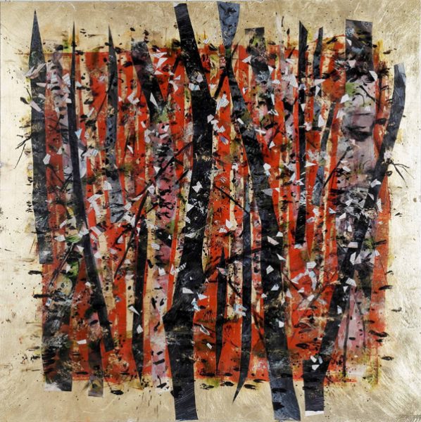 An abstract painting of a red square with black tree trunks painted on top