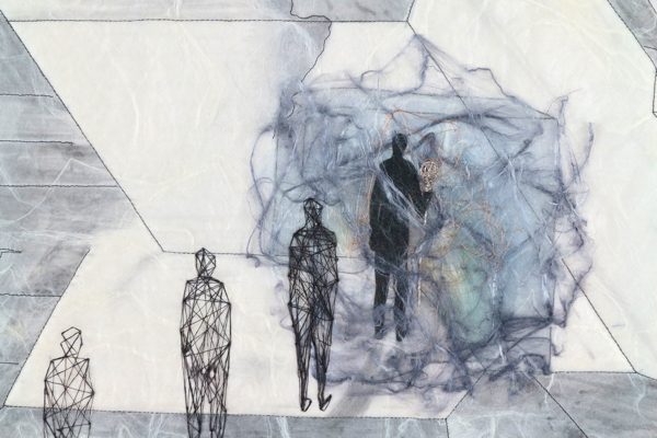 A hand-stitched work featuring a humanoid figure walking into a void