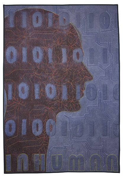 A quilt piece of a women's silhouette with binary code covering the piece