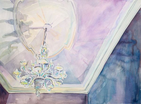 A painting of a glass chandelier